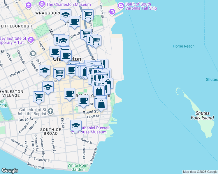 map of restaurants, bars, coffee shops, grocery stores, and more near 2 Vendue Range Street in Charleston