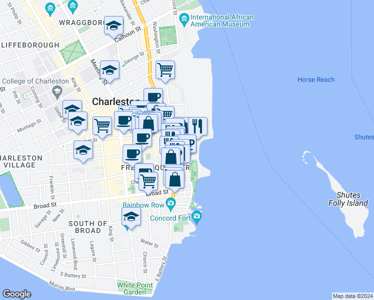map of restaurants, bars, coffee shops, grocery stores, and more near 2 Vendue Range Street in Charleston