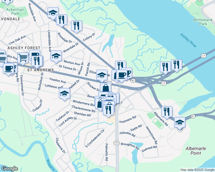 map of restaurants, bars, coffee shops, grocery stores, and more near 20 Stocker Drive in Charleston