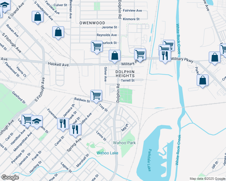map of restaurants, bars, coffee shops, grocery stores, and more near 4634 Dolphin Road in Dallas