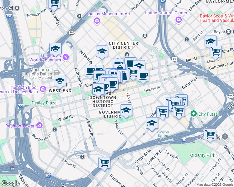 map of restaurants, bars, coffee shops, grocery stores, and more near in Dallas