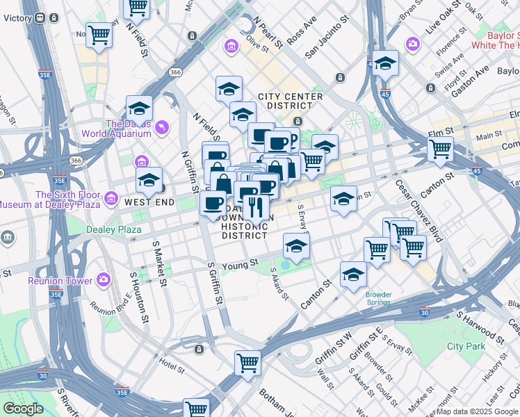 map of restaurants, bars, coffee shops, grocery stores, and more near 1404 1/2 Main Street in Dallas