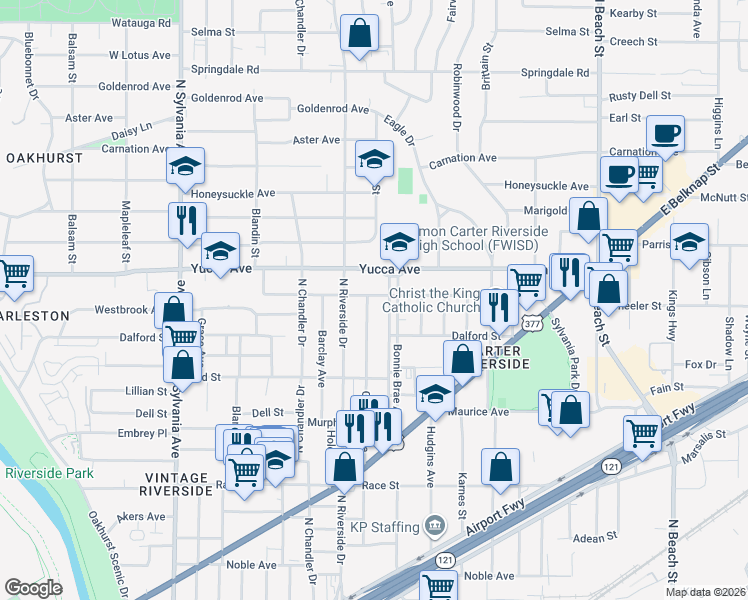 map of restaurants, bars, coffee shops, grocery stores, and more near in Fort Worth