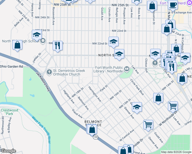 map of restaurants, bars, coffee shops, grocery stores, and more near 1858 Lagonda Avenue in Fort Worth