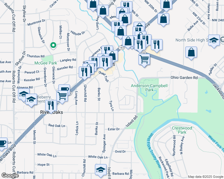 map of restaurants, bars, coffee shops, grocery stores, and more near 1140 Tyra Lane in Fort Worth