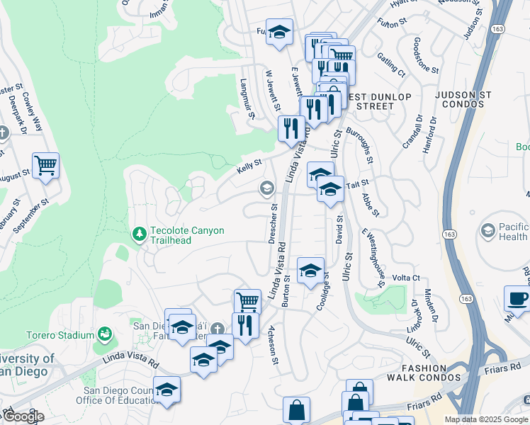 map of restaurants, bars, coffee shops, grocery stores, and more near 6750 North Elman Street in San Diego
