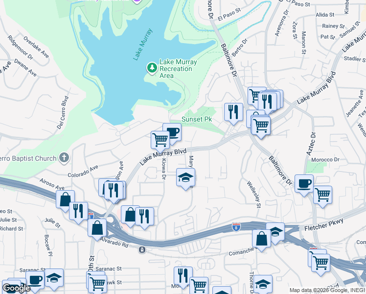 map of restaurants, bars, coffee shops, grocery stores, and more near 5426 Lake Murray Boulevard in La Mesa