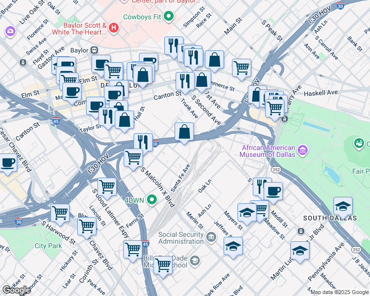 map of restaurants, bars, coffee shops, grocery stores, and more near 1717 Baylor Street in Dallas
