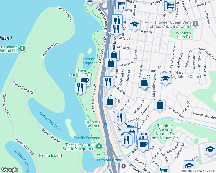 map of restaurants, bars, coffee shops, grocery stores, and more near 1550 Goldfield Street in San Diego