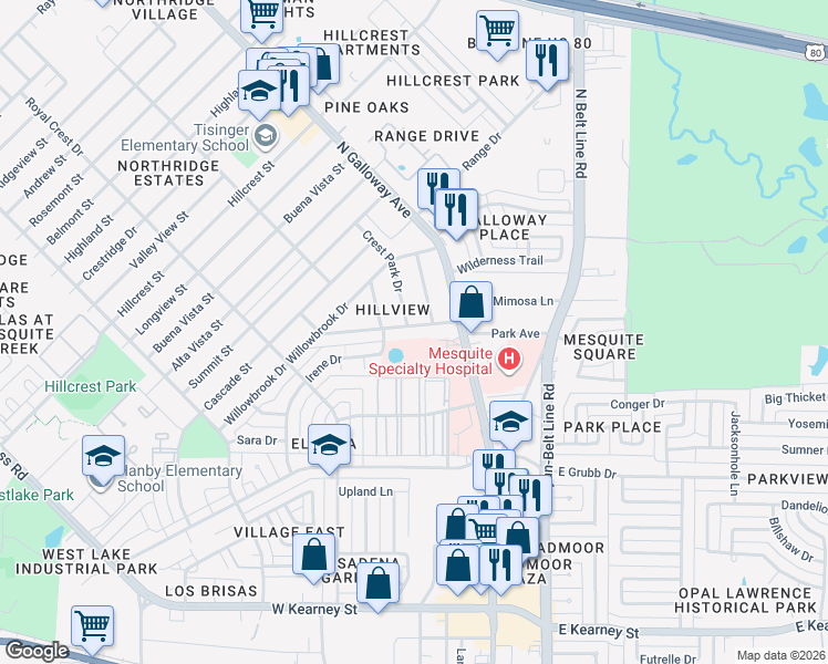 map of restaurants, bars, coffee shops, grocery stores, and more near 332 Crest Hill Drive in Mesquite
