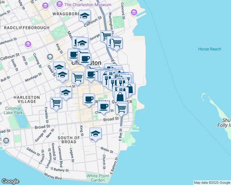 map of restaurants, bars, coffee shops, grocery stores, and more near 191 East Bay Street in Charleston