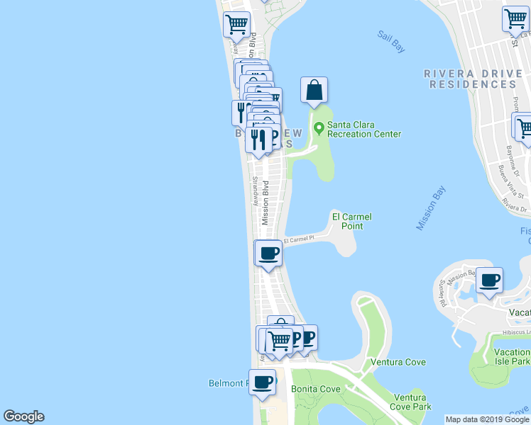 map of restaurants, bars, coffee shops, grocery stores, and more near 3569 Mission Boulevard in San Diego