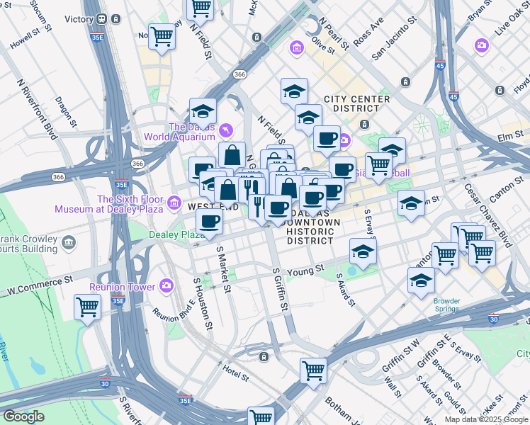 map of restaurants, bars, coffee shops, grocery stores, and more near S Griffin St & Main St in Dallas
