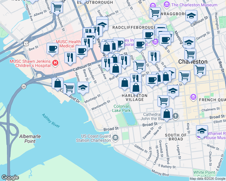 map of restaurants, bars, coffee shops, grocery stores, and more near 53 Montagu Street in Charleston