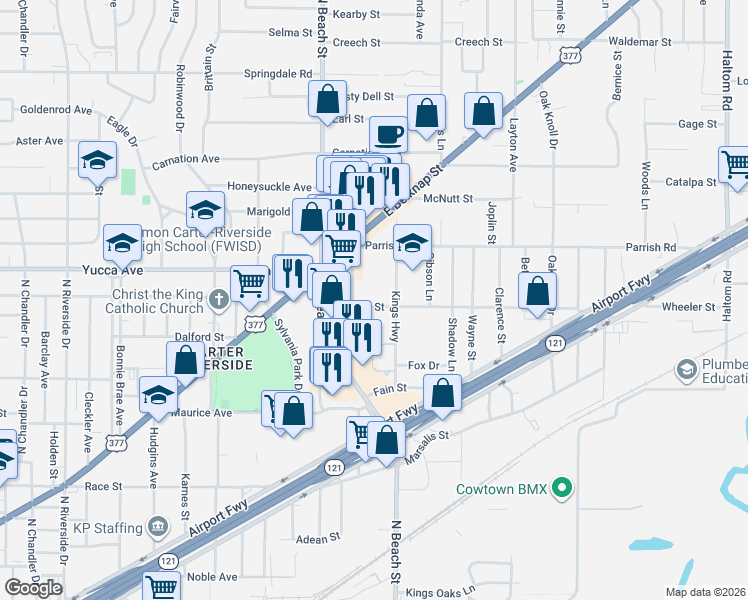 map of restaurants, bars, coffee shops, grocery stores, and more near 4020 Wheeler Street in Fort Worth