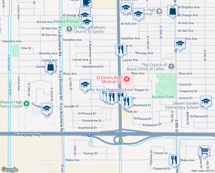 map of restaurants, bars, coffee shops, grocery stores, and more near in El Centro