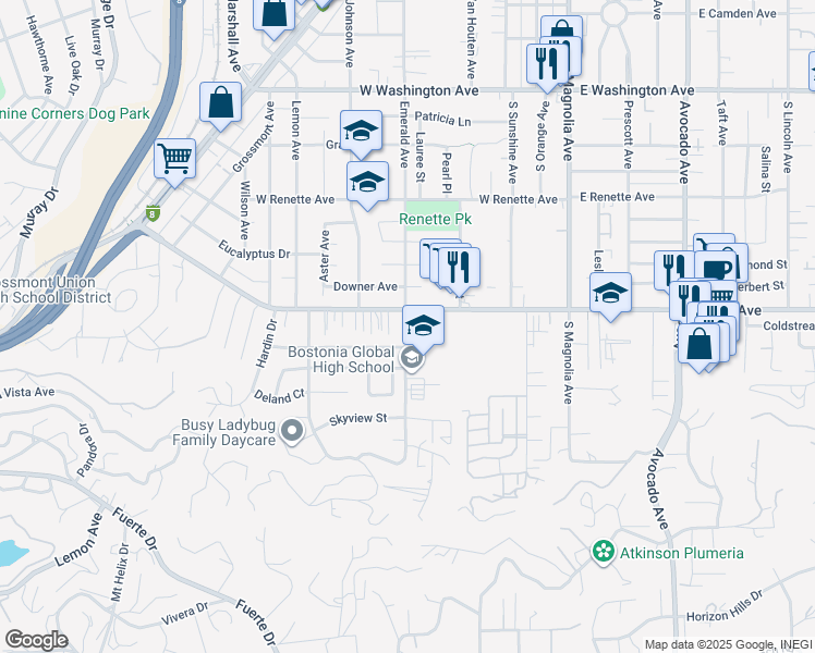 map of restaurants, bars, coffee shops, grocery stores, and more near 1163 Emerald Avenue in El Cajon