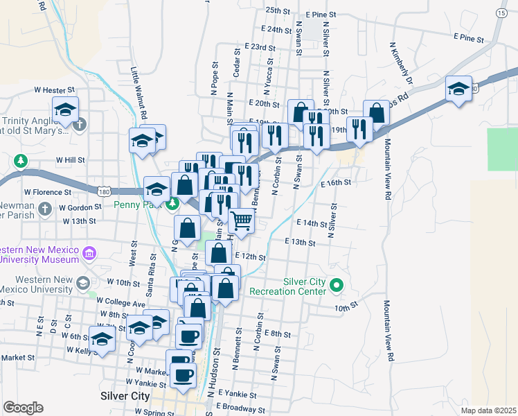 map of restaurants, bars, coffee shops, grocery stores, and more near 417 East 14th Street in Silver City