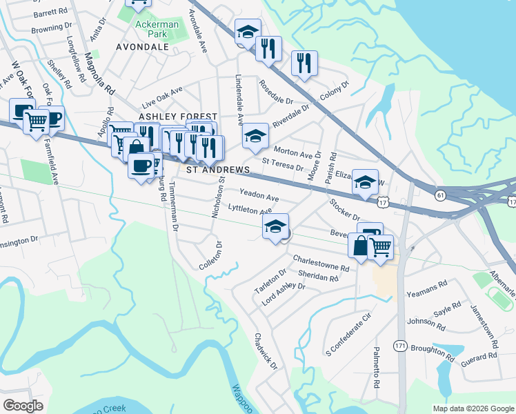 map of restaurants, bars, coffee shops, grocery stores, and more near 25 Lyttleton Avenue in Charleston