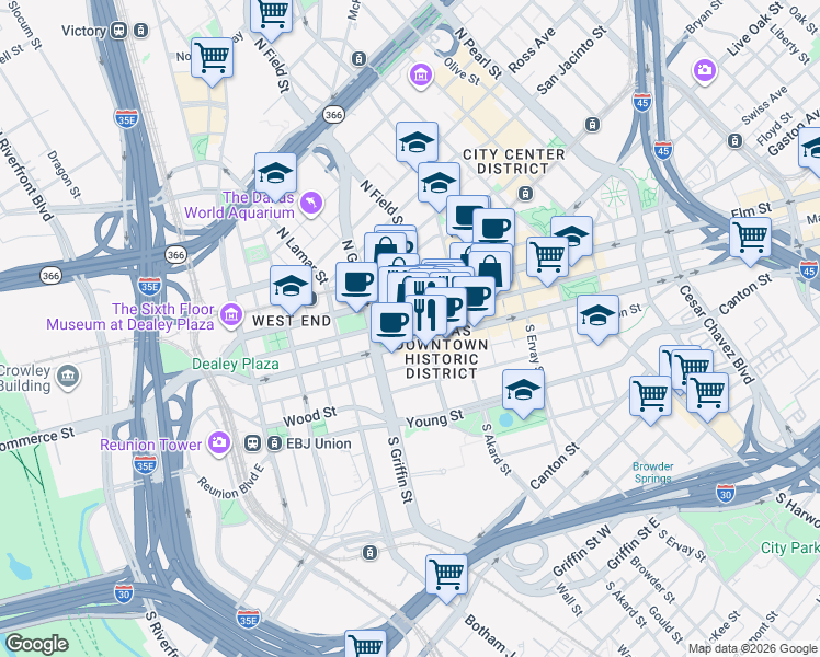map of restaurants, bars, coffee shops, grocery stores, and more near in Dallas