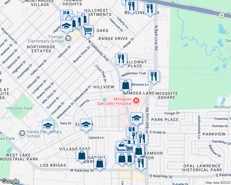 map of restaurants, bars, coffee shops, grocery stores, and more near 316 Crest Hill Drive in Mesquite