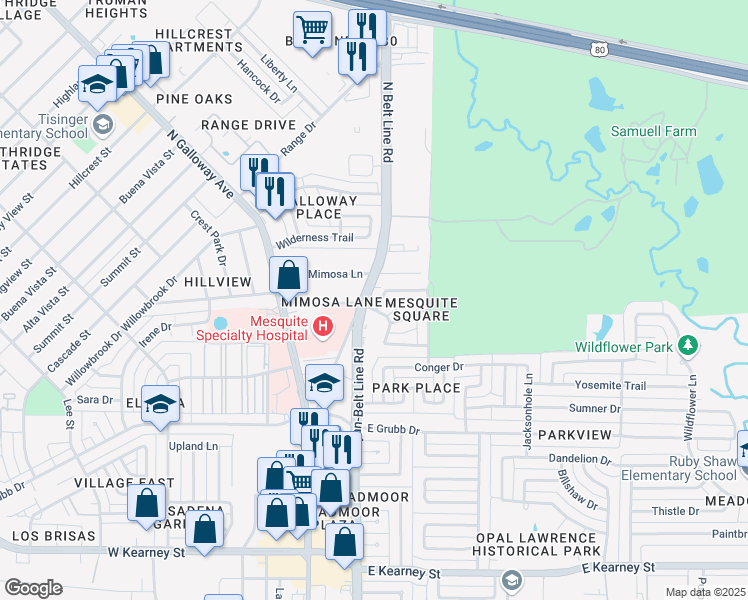 map of restaurants, bars, coffee shops, grocery stores, and more near 113 Montego Drive in Mesquite