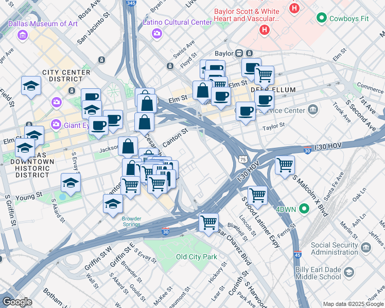 map of restaurants, bars, coffee shops, grocery stores, and more near Farmers Market Way in Dallas