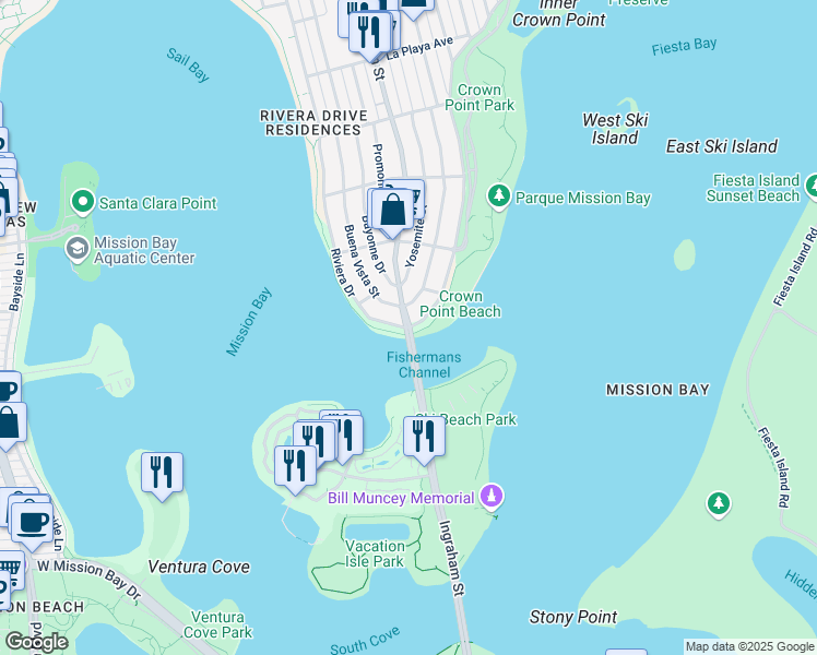 map of restaurants, bars, coffee shops, grocery stores, and more near 3301 Crown Point Drive in San Diego