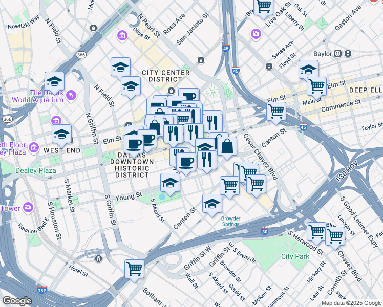 map of restaurants, bars, coffee shops, grocery stores, and more near 305 South Saint Paul Street in Dallas