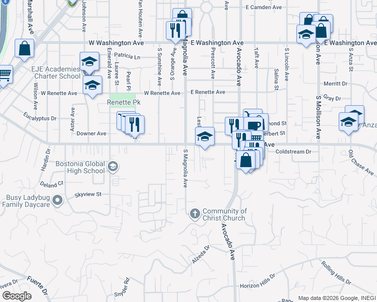 map of restaurants, bars, coffee shops, grocery stores, and more near 1130 South Magnolia Avenue in El Cajon