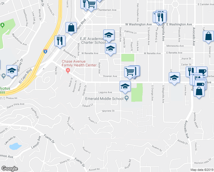 map of restaurants, bars, coffee shops, grocery stores, and more near 744 Laguna Avenue in El Cajon