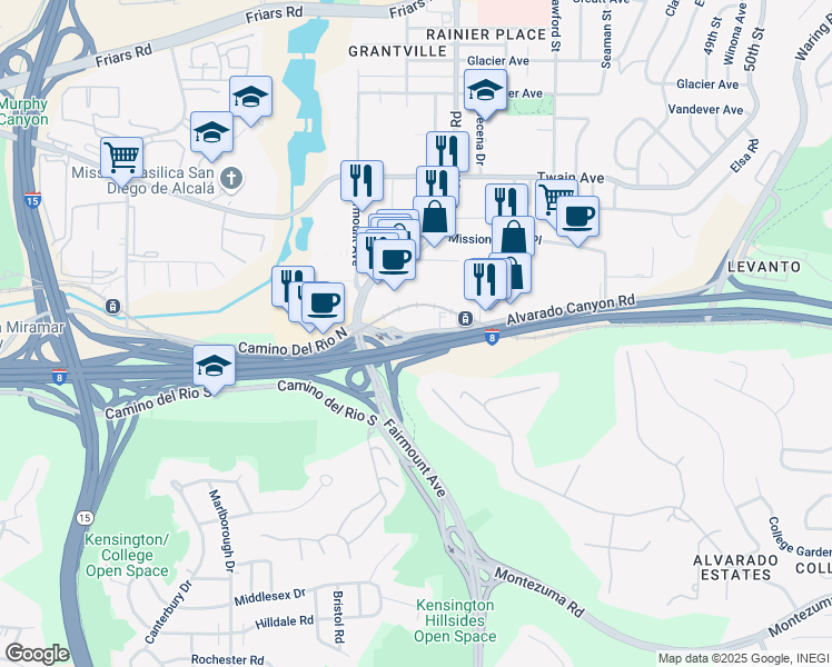 map of restaurants, bars, coffee shops, grocery stores, and more near 4380 Alvarado Canyon Road in San Diego