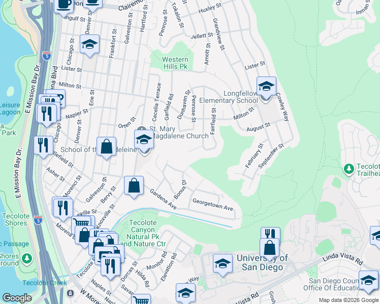 map of restaurants, bars, coffee shops, grocery stores, and more near 4931 Southcrest Avenue in San Diego