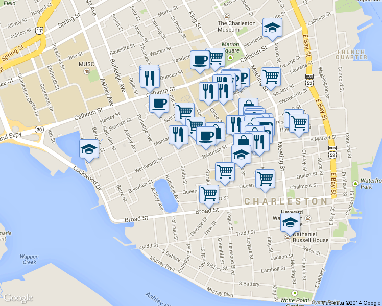 map of restaurants, bars, coffee shops, grocery stores, and more near 94 Beaufain Street in Charleston