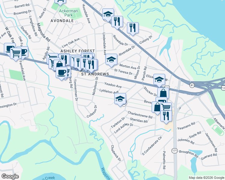map of restaurants, bars, coffee shops, grocery stores, and more near 25 Lyttleton Avenue in Charleston