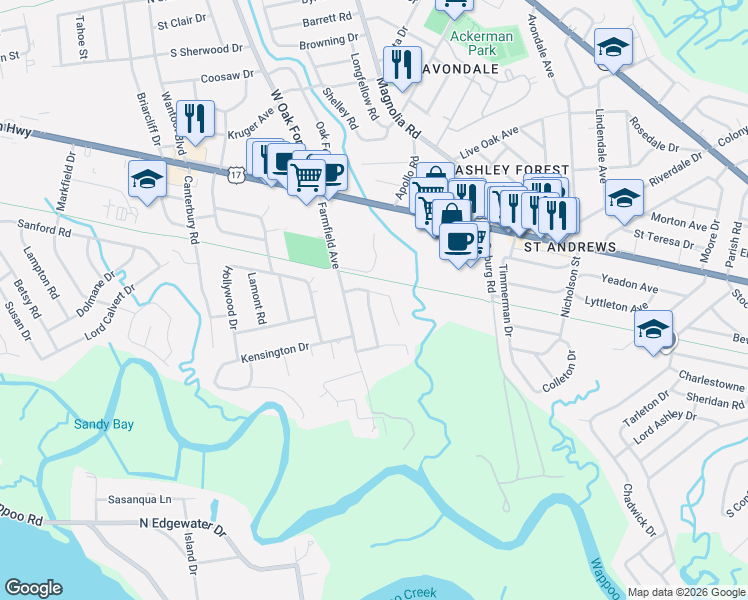 map of restaurants, bars, coffee shops, grocery stores, and more near 18 Huguenot Avenue in Charleston