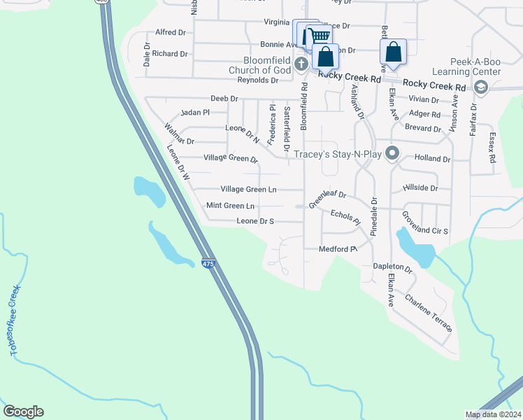 map of restaurants, bars, coffee shops, grocery stores, and more near 5984 Village Green Drive in Macon