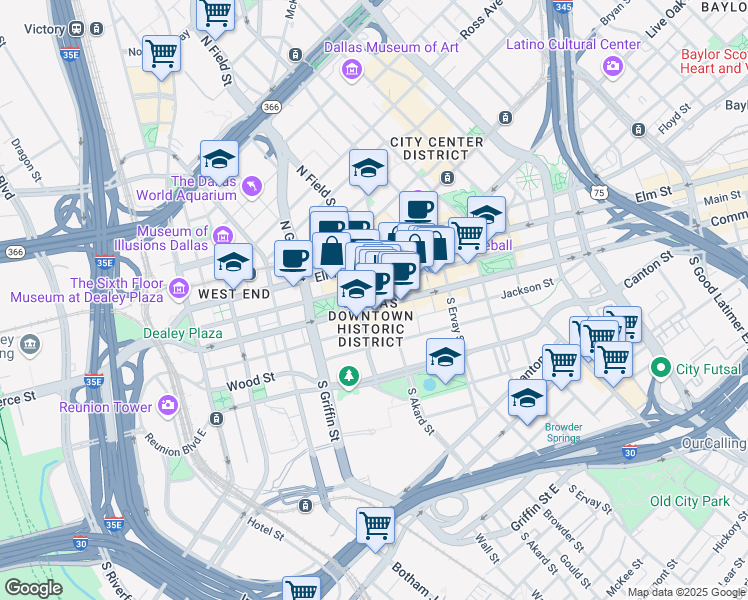 map of restaurants, bars, coffee shops, grocery stores, and more near in Dallas