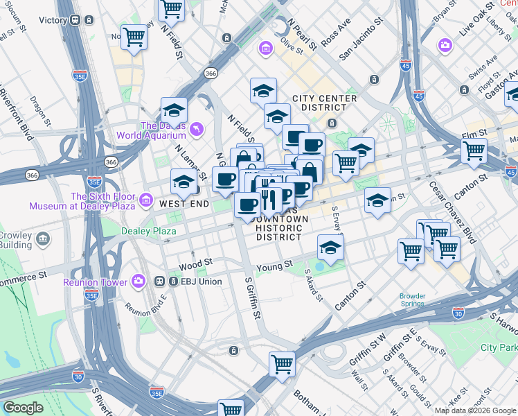 map of restaurants, bars, coffee shops, grocery stores, and more near in Dallas