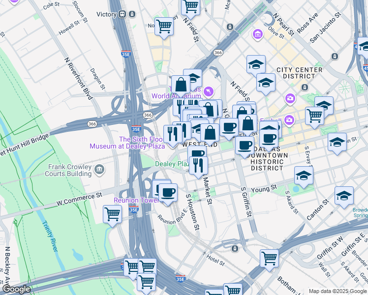 map of restaurants, bars, coffee shops, grocery stores, and more near 501 Elm Street in Dallas