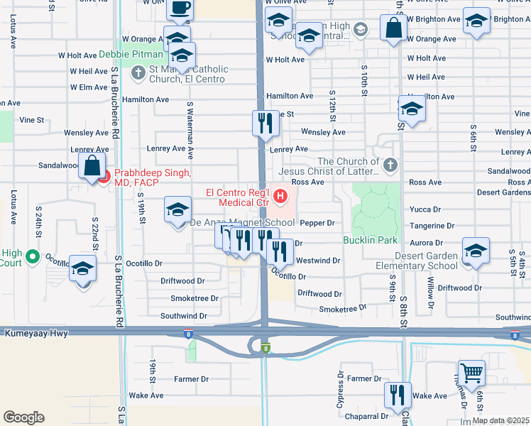 map of restaurants, bars, coffee shops, grocery stores, and more near 1300 Pepper Drive in El Centro