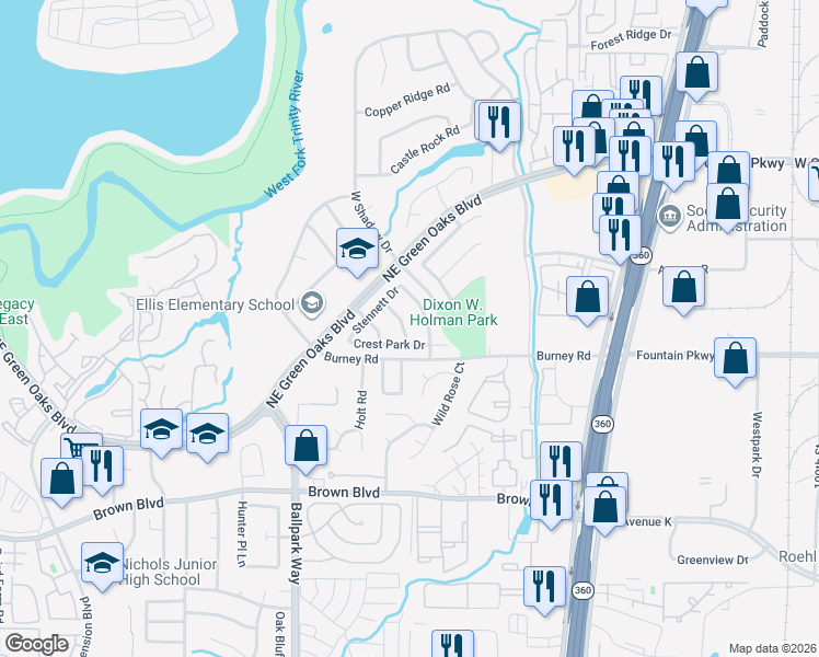map of restaurants, bars, coffee shops, grocery stores, and more near 2307 Crest Park Drive in Arlington