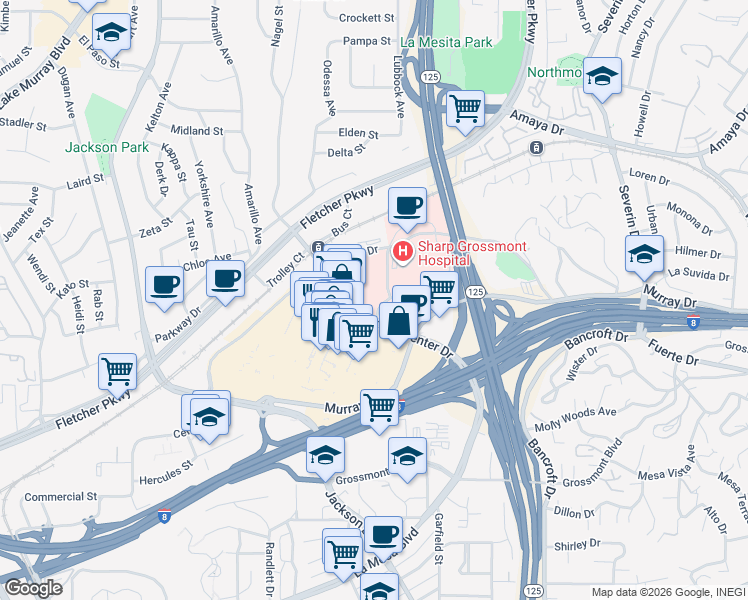 map of restaurants, bars, coffee shops, grocery stores, and more near 5565 Grossmont Center Drive in La Mesa