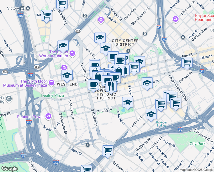 map of restaurants, bars, coffee shops, grocery stores, and more near 1315 Commerce Street in Dallas