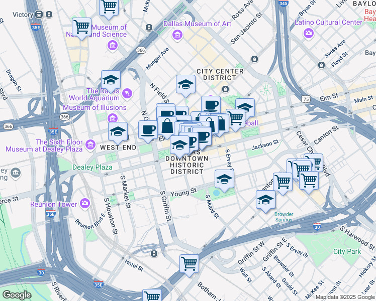 map of restaurants, bars, coffee shops, grocery stores, and more near 1315 Commerce Street in Dallas