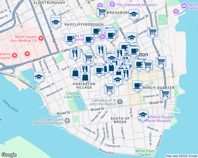map of restaurants, bars, coffee shops, grocery stores, and more near 72 Beaufain Street in Charleston