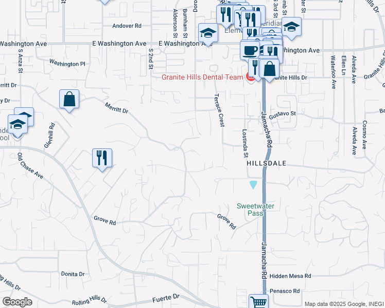 map of restaurants, bars, coffee shops, grocery stores, and more near 1412 Merritt Drive in El Cajon
