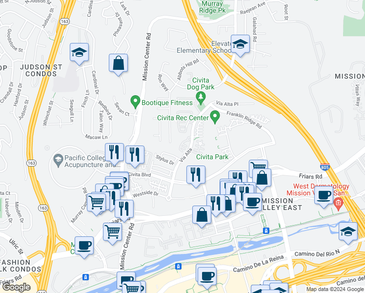 map of restaurants, bars, coffee shops, grocery stores, and more near 8337 Distinctive Drive in San Diego