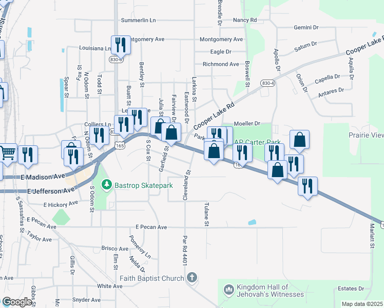 map of restaurants, bars, coffee shops, grocery stores, and more near 1610 East Madison Avenue in Bastrop