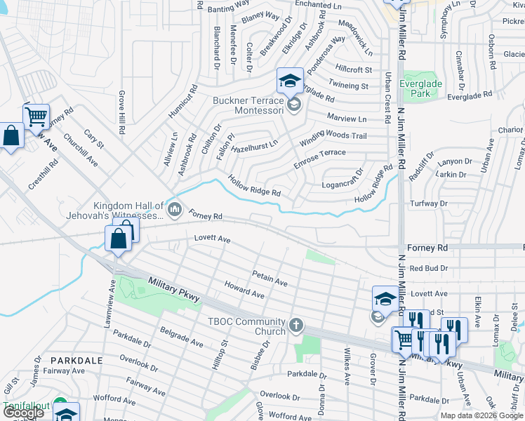 map of restaurants, bars, coffee shops, grocery stores, and more near 6301 Forney Road in Dallas